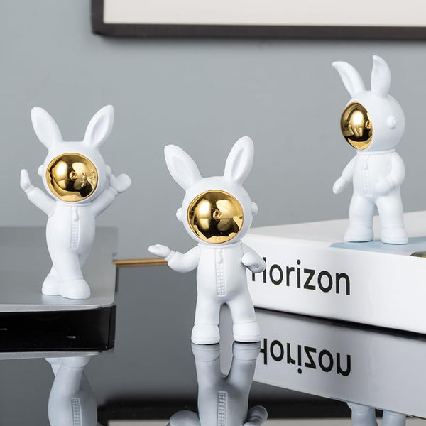 Street27Â® 3pcs Cartoon Rabbit Shape Astronaut Figurine Action Figure Miniature Doll Toy Figure for Car Dashboard, Decoration, Cake, Office Desk & Study Table Gifts for Kids Boys Girls (Golden)