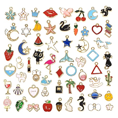 50PCS Mixed Assorted Gold Plated Enamel Pendants Animal Moon Star Fruit Charm Pendant DIY for Necklace Bracelet Jewelry Making and Crafting