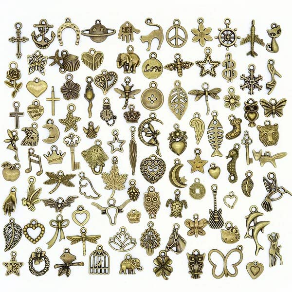 100pcs Retro Style Vintage Jewelry Making Charms Mixed Smooth Tibetan Antique Metal Charms Pendants DIY for Necklace Bracelet Earrings Making Accessories (Bronze)