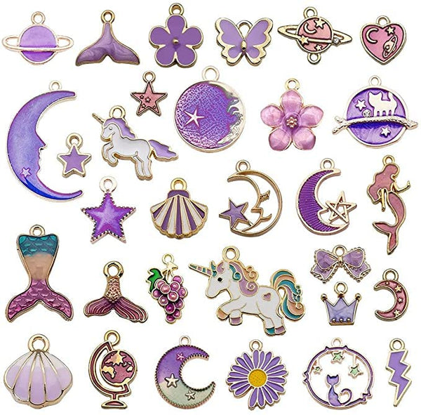 1 Set 31pcs DIY Mixed Assorted Gold Plated Enamel Charm Unicorn Flower Dress Fish Shell Moon Star Animals Pendant DIY for Necklace Bracelet Jewelry Making and Crafting (Purple)