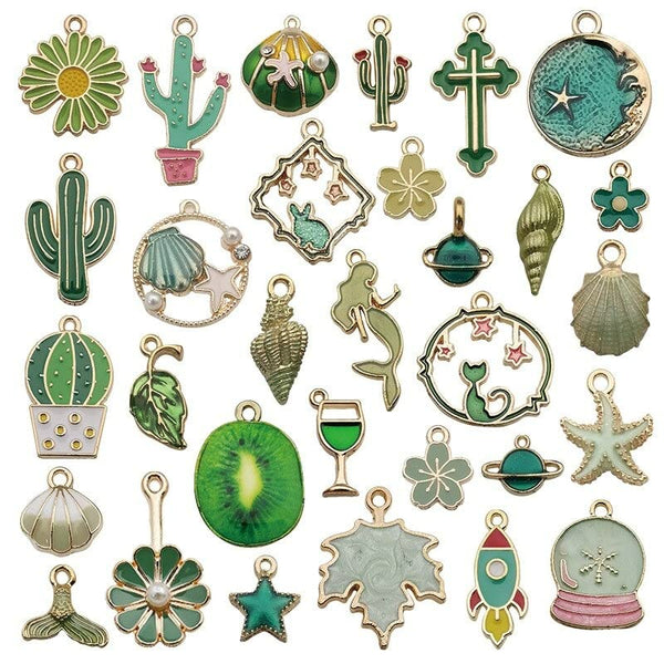 1 Set 31pcs DIY Mixed Assorted Gold Plated Enamel Charm Unicorn Flower Dress Fish Shell Moon Star Animals Pendant DIY for Necklace Bracelet Jewelry Making and Crafting (Green)