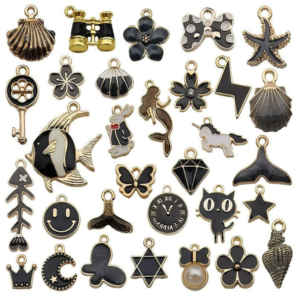 1 Set 31pcs DIY Mixed Assorted Gold Plated Enamel Charm Unicorn Flower Dress Fish Shell Moon Star Animals Pendant DIY for Necklace Bracelet Jewelry Making and Crafting (Black)