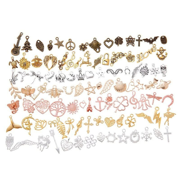 100pcs Retro Style Vintage Jewelry Making Charms Mixed Smooth Tibetan Antique Metal Charms Pendants DIY for Necklace Bracelet Earrings Making Accessories (Multicolor)