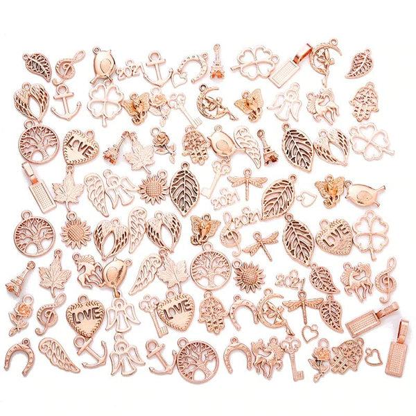 100pcs Retro Style Vintage Jewelry Making Charms Mixed Smooth Tibetan Antique Metal Charms Pendants DIY for Necklace Bracelet Earrings Making Accessories (Rose Gold)