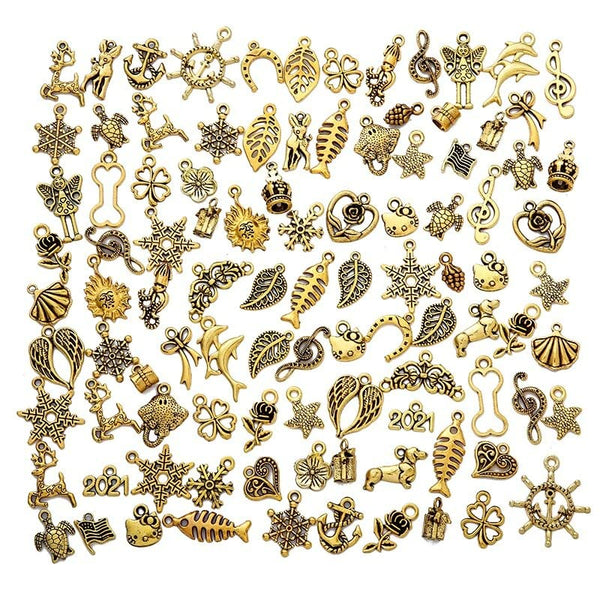 100pcs Retro Style Vintage Jewelry Making Charms Mixed Smooth Tibetan Antique Metal Charms Pendants DIY for Necklace Bracelet Earrings Making Accessories (Ancient Golden)