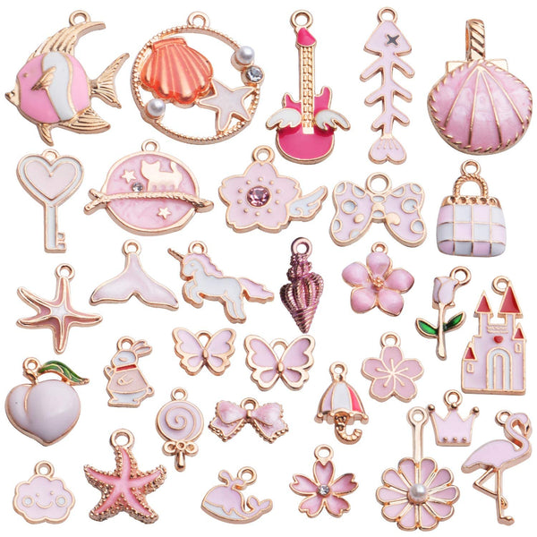 1 Set 31pcs DIY Mixed Assorted Gold Plated Enamel Charm Unicorn Flower Dress Fish Shell Moon Star Animals Pendant DIY for Necklace Bracelet Jewelry Making and Crafting (Pink)