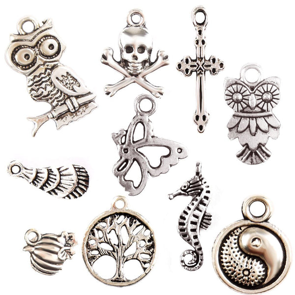 100pcs Retro Style Vintage Jewelry Making Charms Mixed Smooth Tibetan Antique Metal Charms Pendants DIY for Necklace Bracelet Earrings Making Accessories (Ancient Silver C)