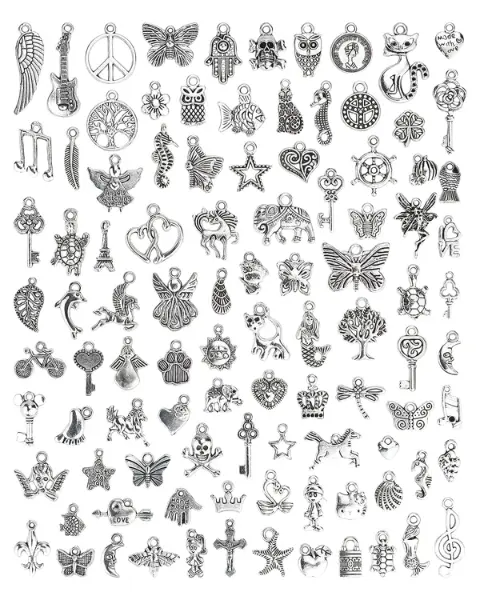 100pcs Retro Style Vintage Jewelry Making Charms Mixed Smooth Tibetan Antique Metal Charms Pendants DIY for Necklace Bracelet Earrings Making Accessories (Ancient Silver B)