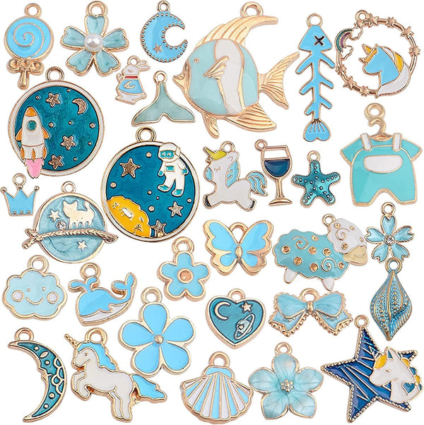 1 Set 31pcs DIY Mixed Assorted Gold Plated Enamel Charm Unicorn Flower Dress Fish Shell Moon Star Animals Pendant DIY for Necklace Bracelet Jewelry Making and Crafting (Blue)